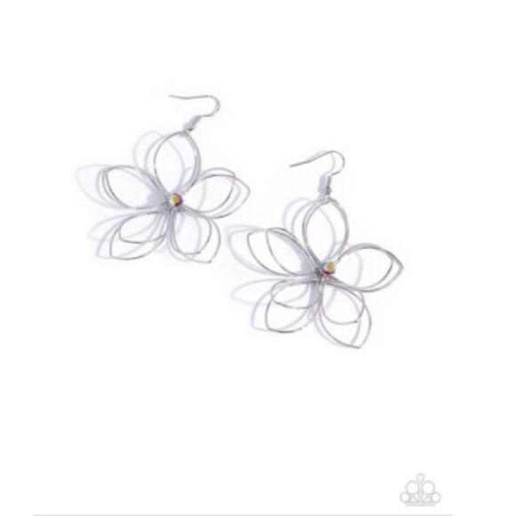 Paparazzi Wiry Whisper Floral Rhinestone Earrings Silver Large Shepard Hook New - Picture 4 of 4